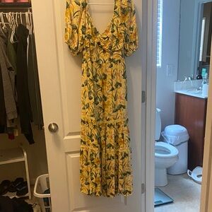 Maison Tara Yellow Floral Maxi Dress with Green Leaf Accents